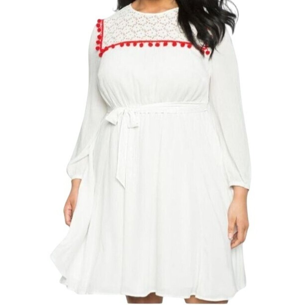 Eloquii White Mini Dress with Red Pom-Pom Trim